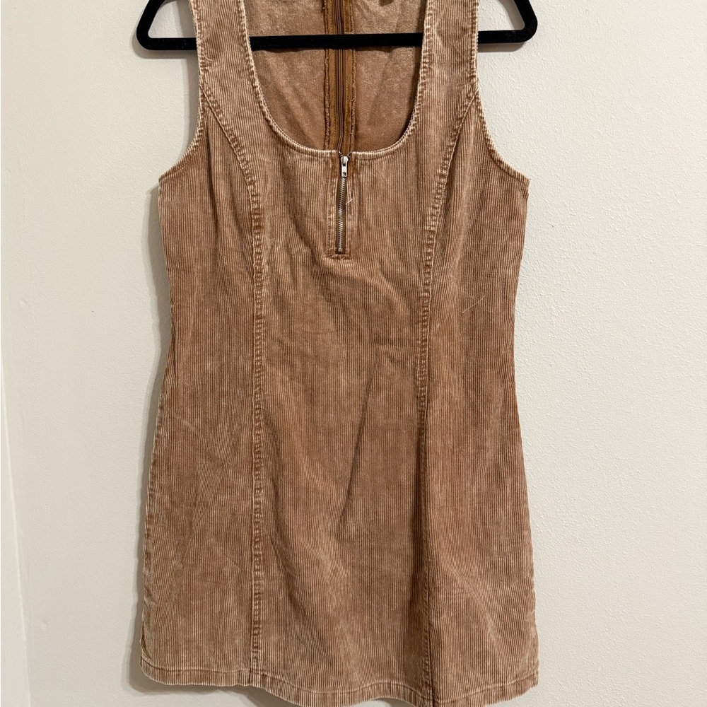 Elegant Tan Corduroy Sleeveless Dress